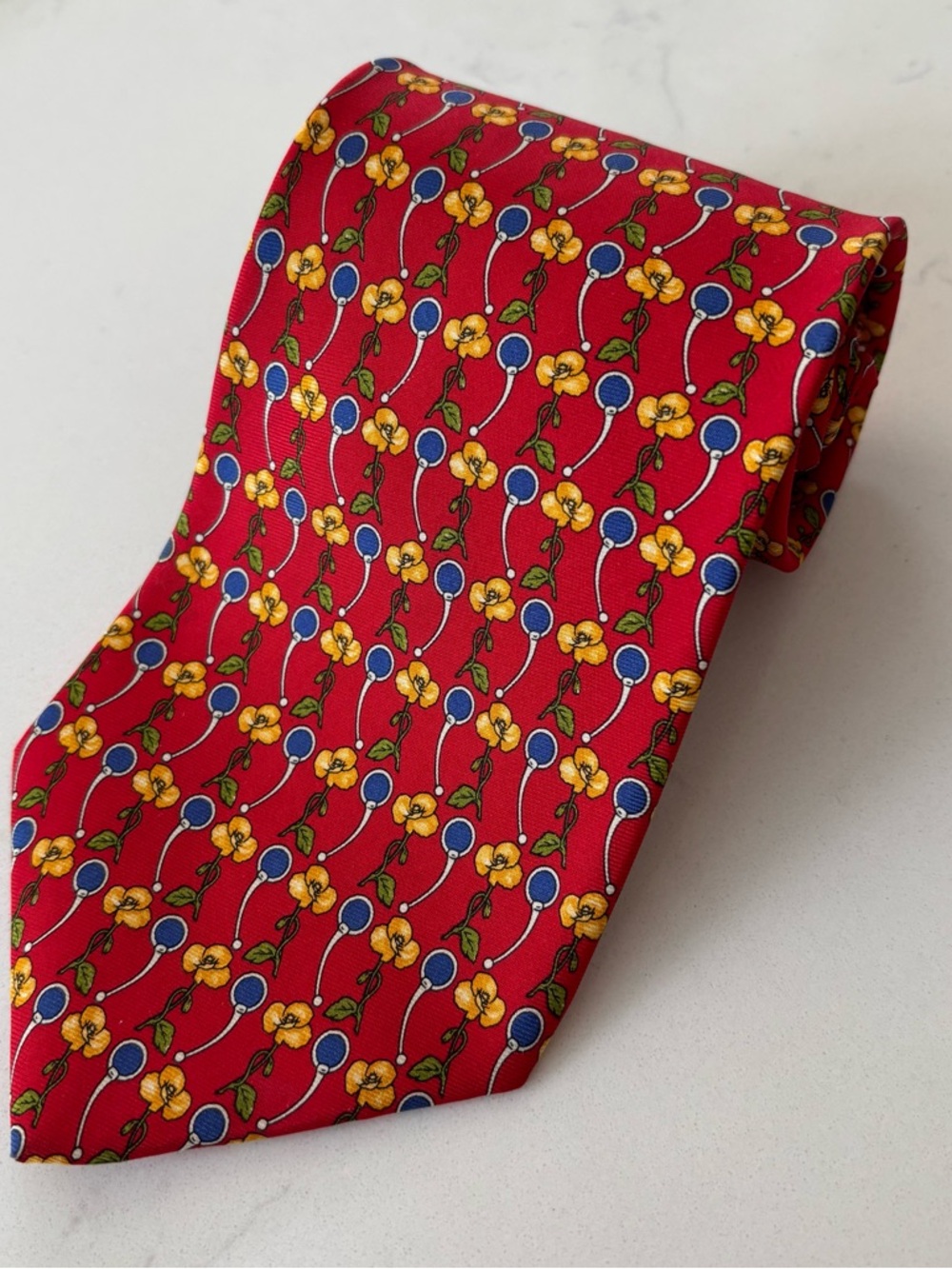 Paul Fredrick Men’s Tie Red W/Yellow Flowers Blue Stirrup Silk Handmade USA